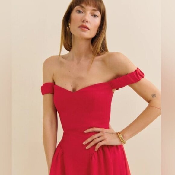 NEW Reformation Monet Linen Midi Dress Lipstick Red Off-Shoulder | size 2 - Picture 1 of 14
